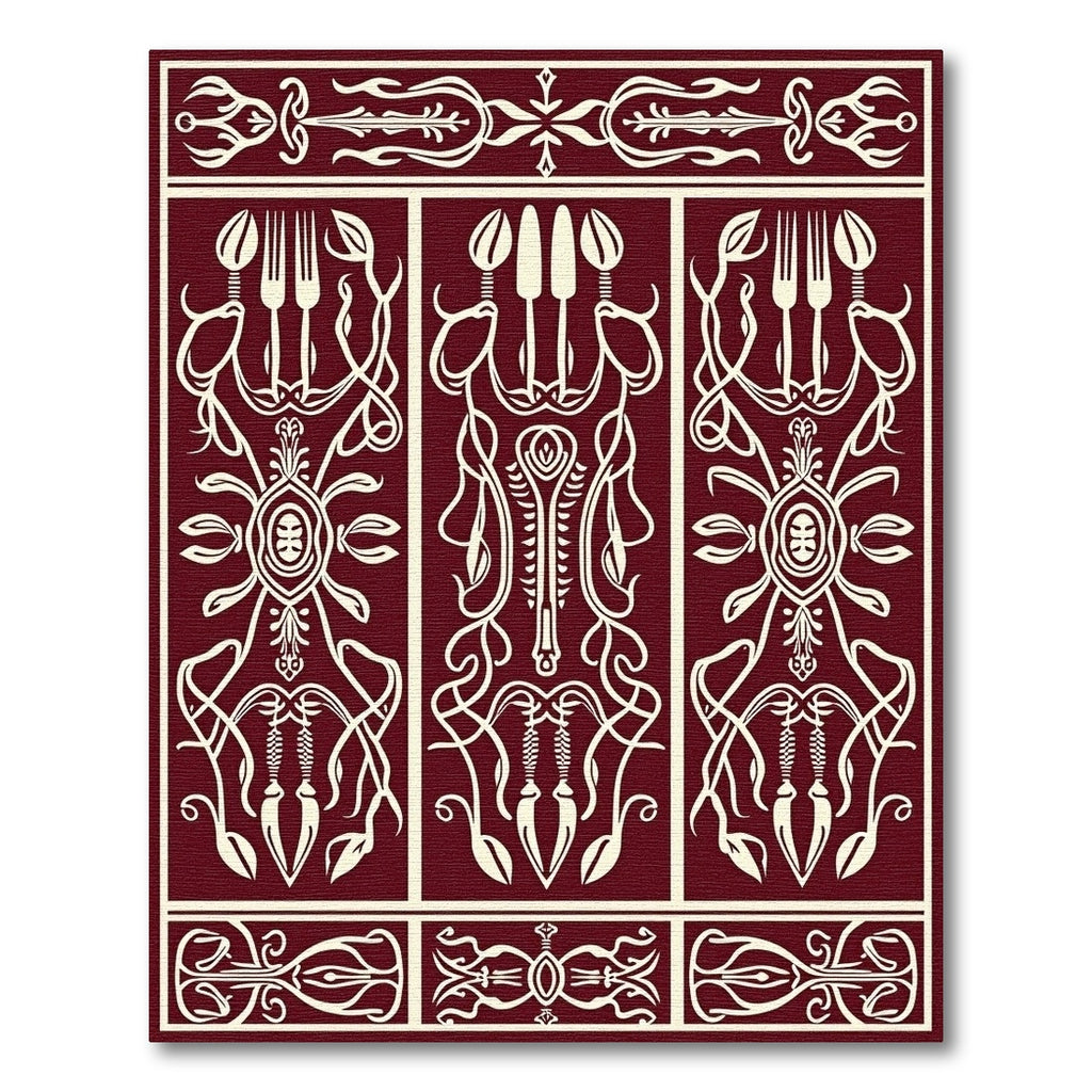 Crimson White Ornate Crest and Utensil Rug