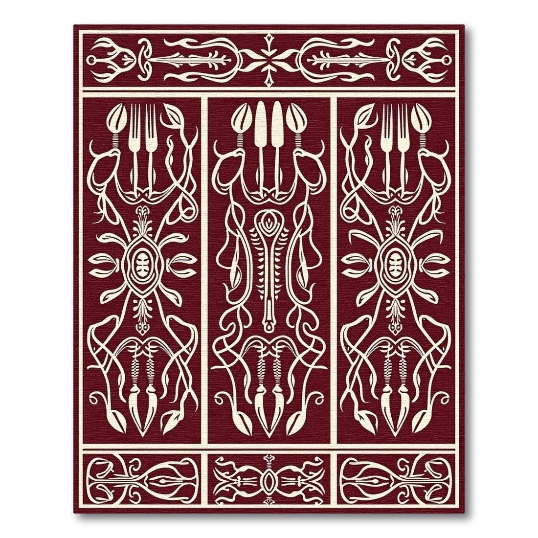 Crimson White Ornate Crest and Utensil Rug