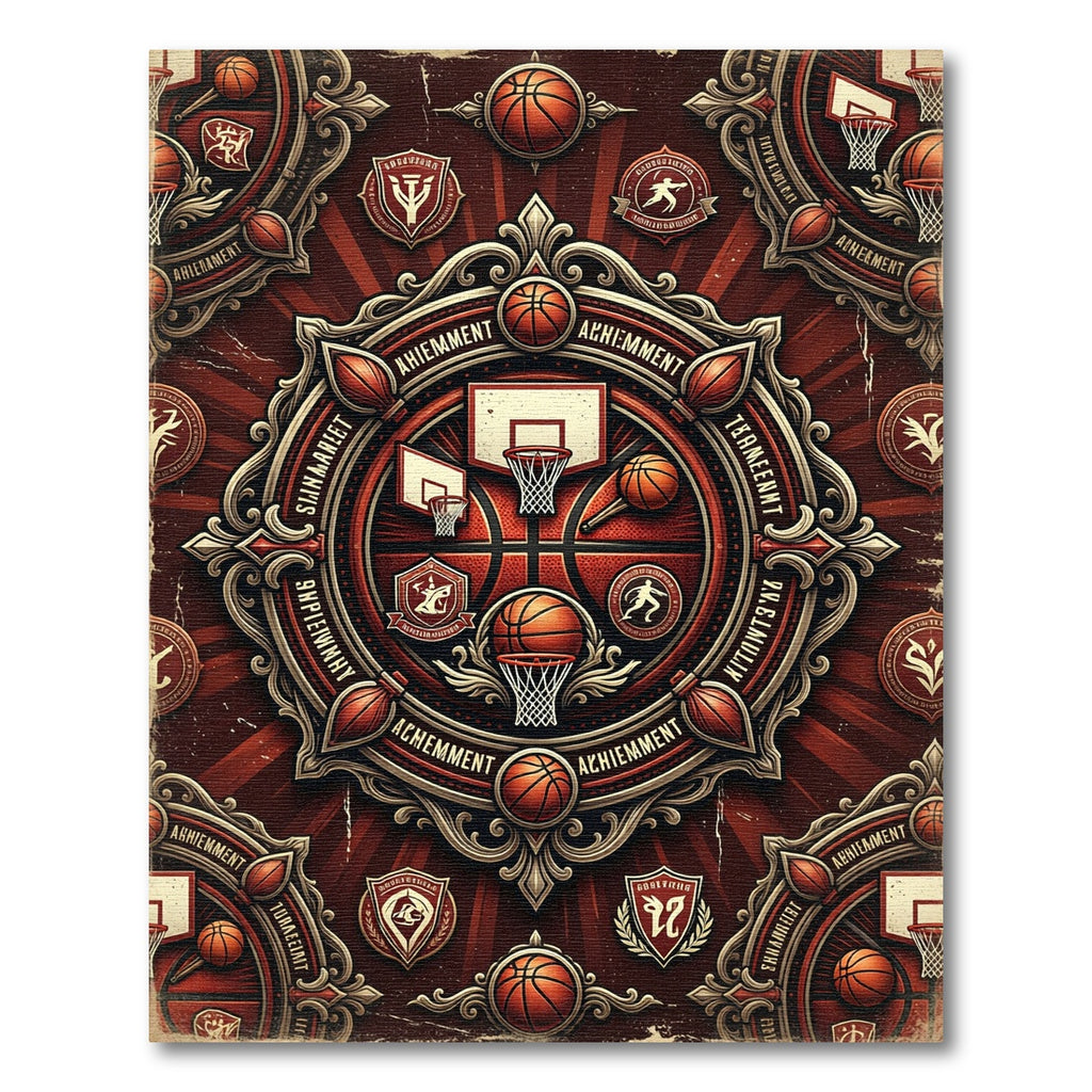 Ornate Basketball Medallion Crimson Emblem Rug