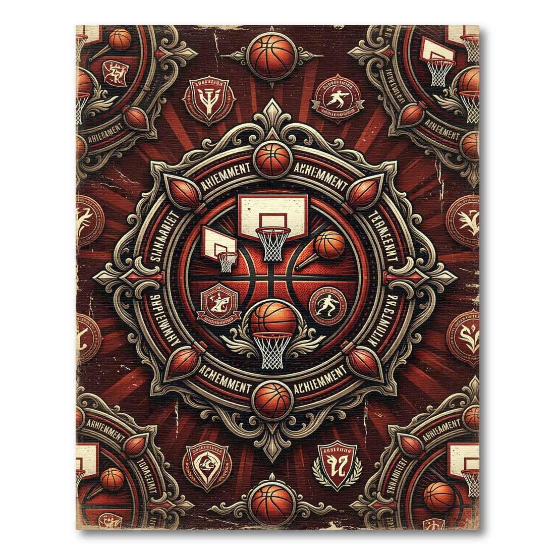 Ornate Basketball Medallion Crimson Emblem Rug