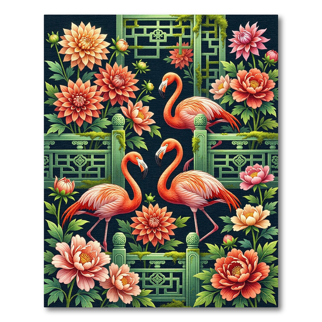 Elegant Flamingo Peony Chinoiserie Art Rug