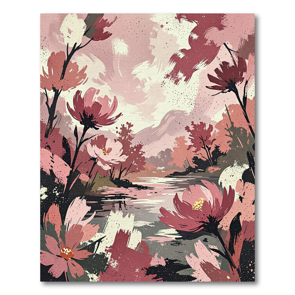 Crimson Floral Lakeside Abstract Landscape Rug