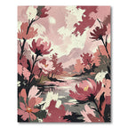 Crimson Floral Lakeside Abstract Landscape Rug