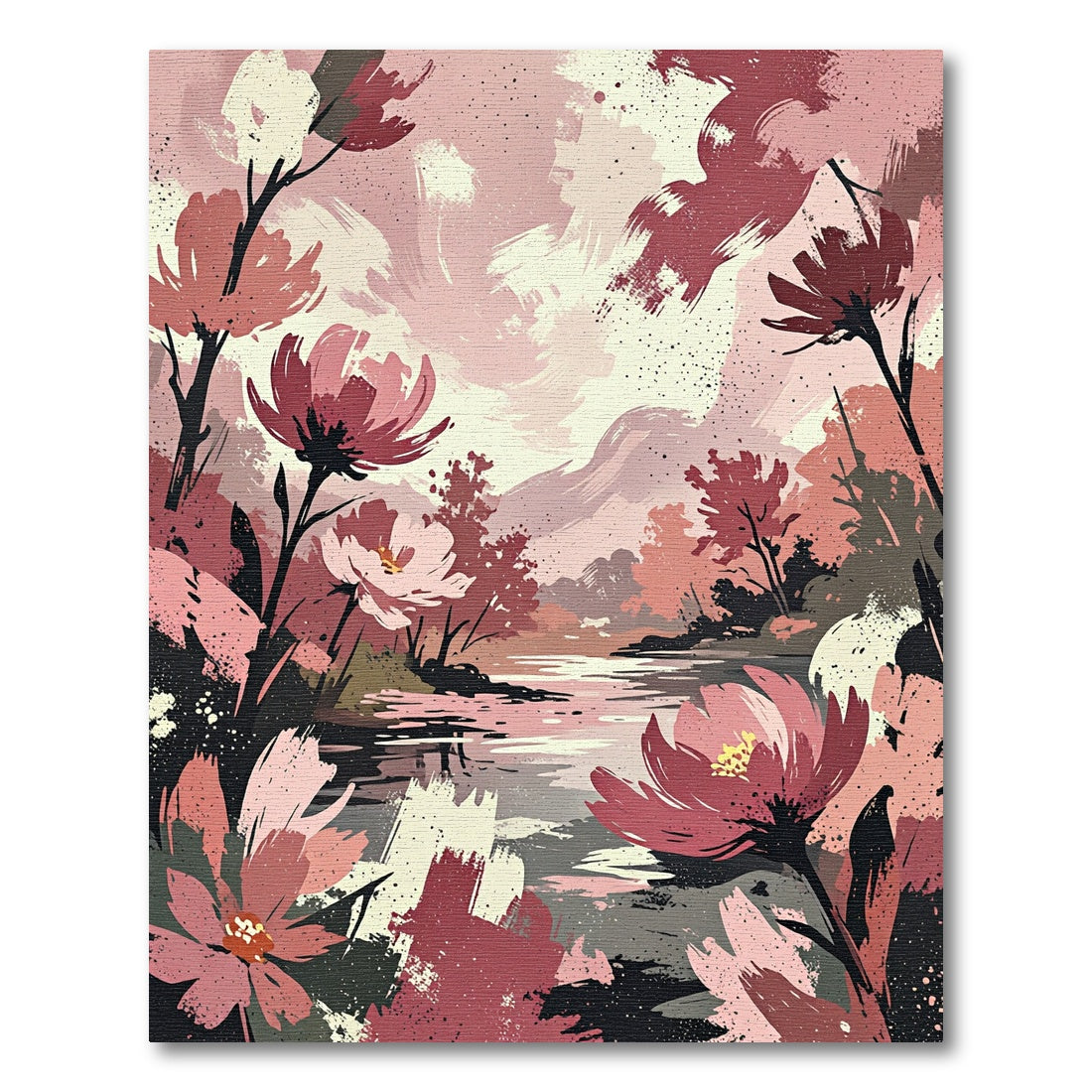 Crimson Floral Lakeside Abstract Landscape Rug