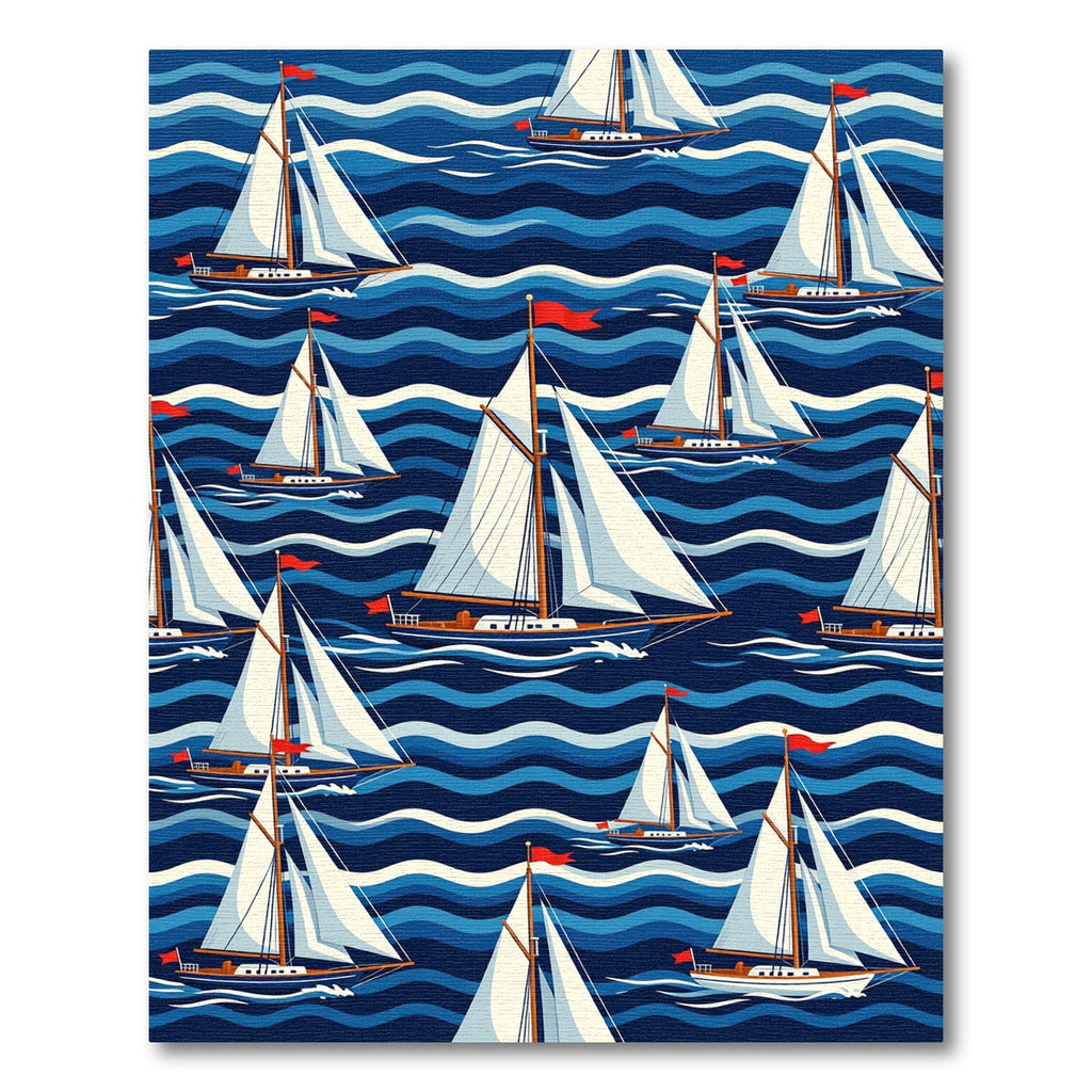 Nautical Blue Sailing Boat Wave Illustration Rug