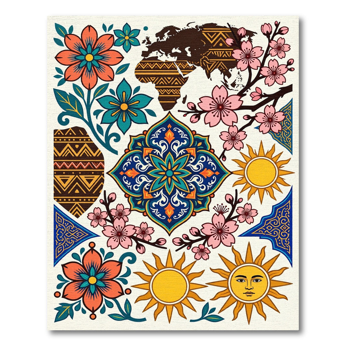 Vibrant Floral Sun Medallion Earth Collage Rug