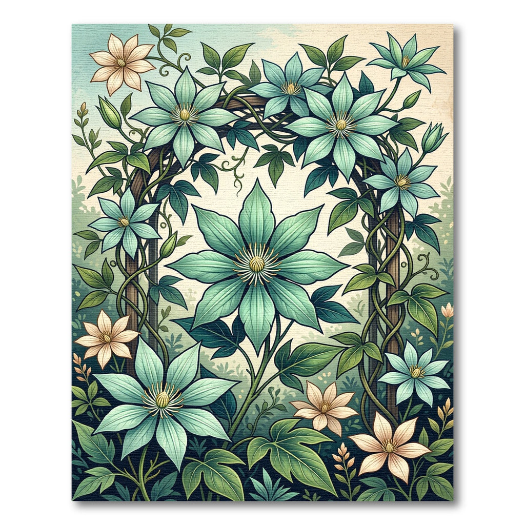 Botanical Teal Clematis Vine Garden Rug