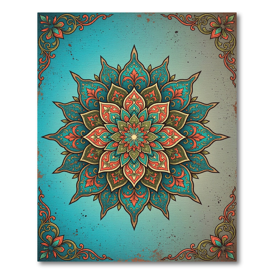 Ornate Teal Coral Floral Medallion Rug