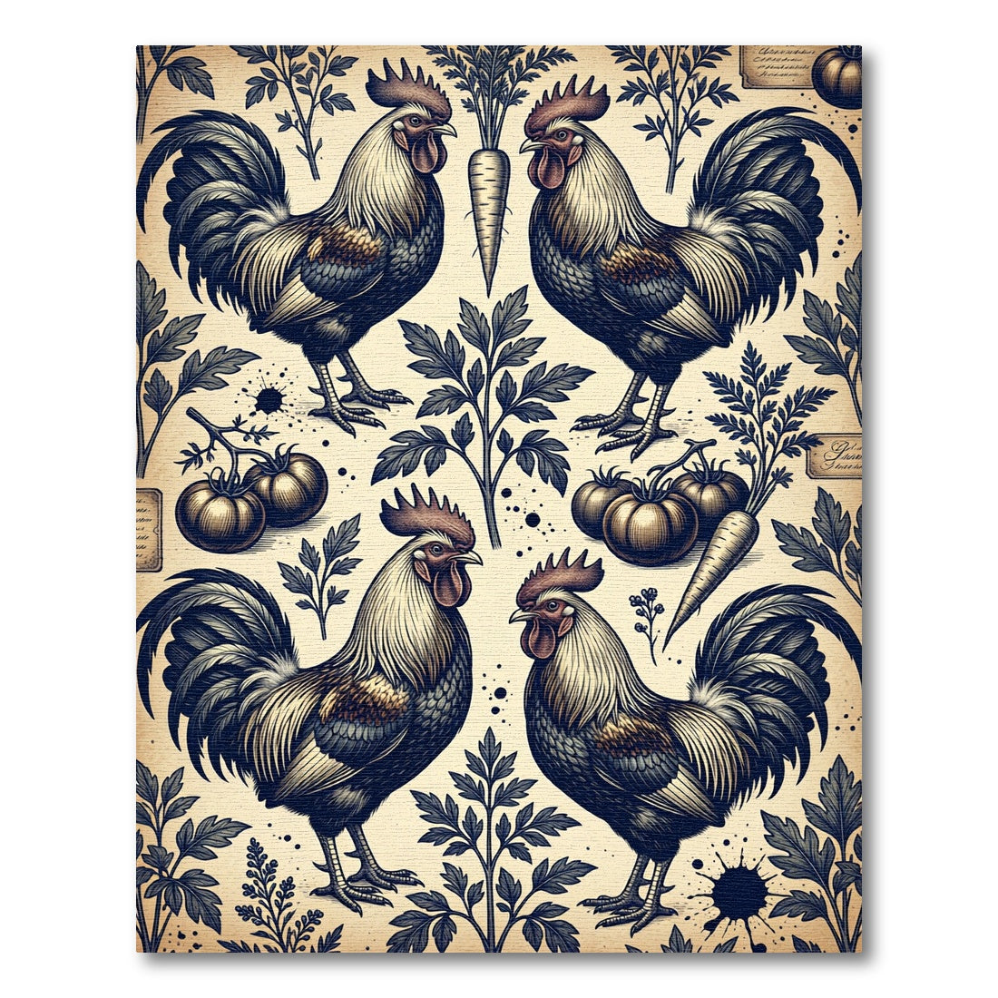 Vintage Farmhouse Rooster and Vegetable Illustration Rug