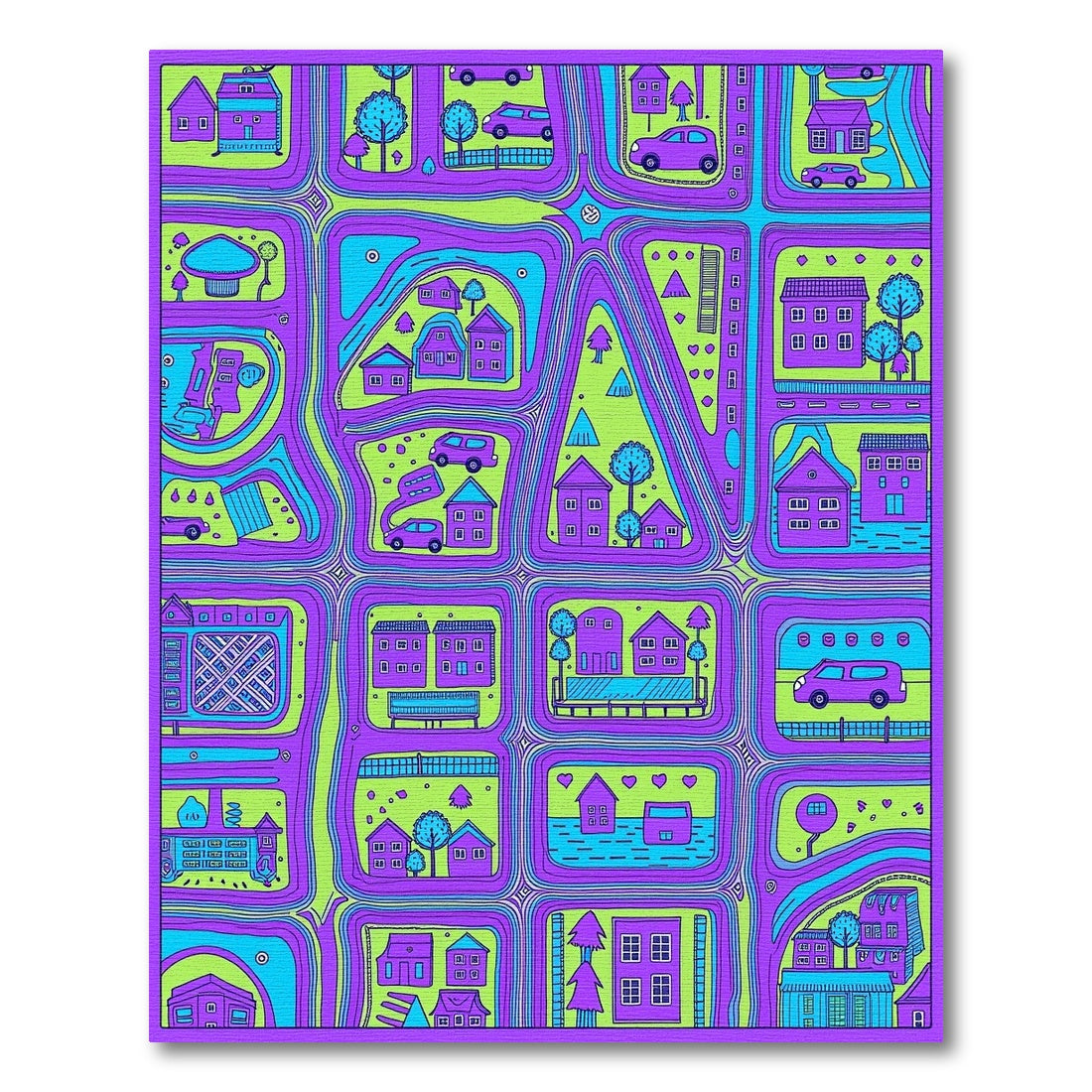 Vibrant Purple Green City Map Rug