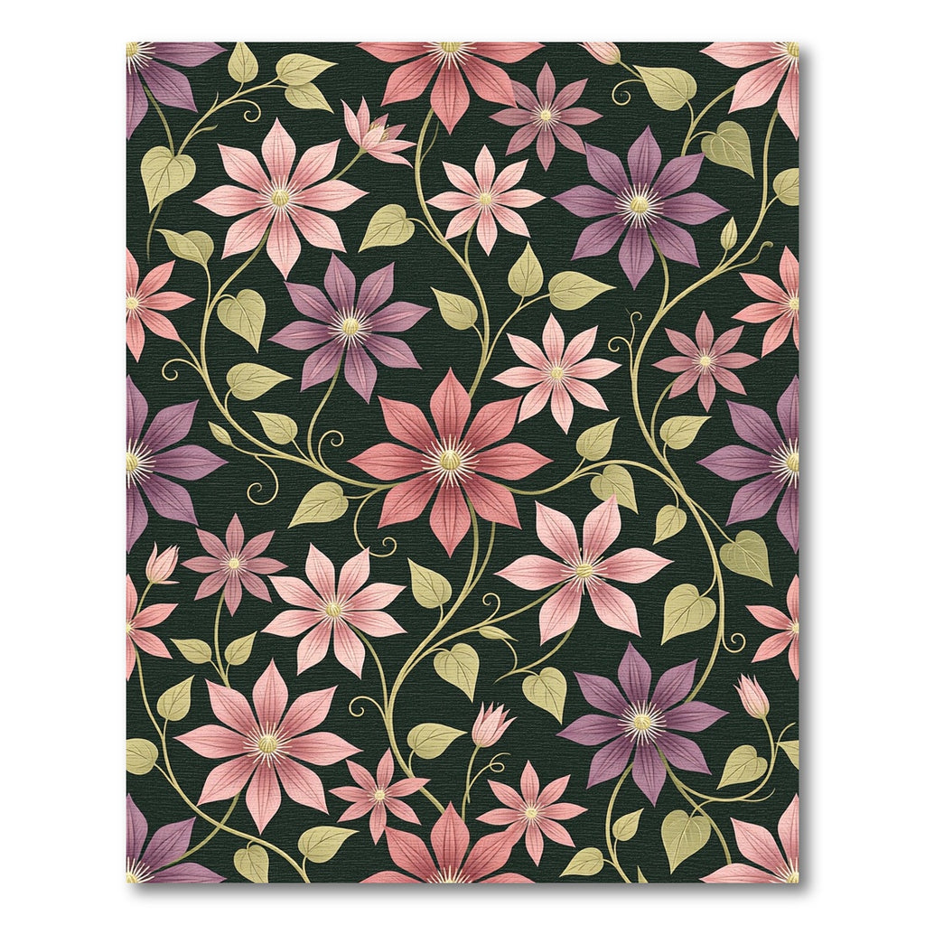 Mauve Pink Floral Vine Over Black Rug
