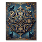 Ornate Golden Feline Medallion Navy Ink Rug