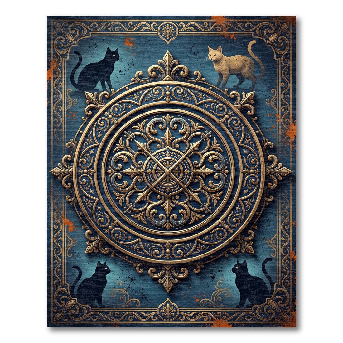 Ornate Golden Feline Medallion Navy Ink Rug