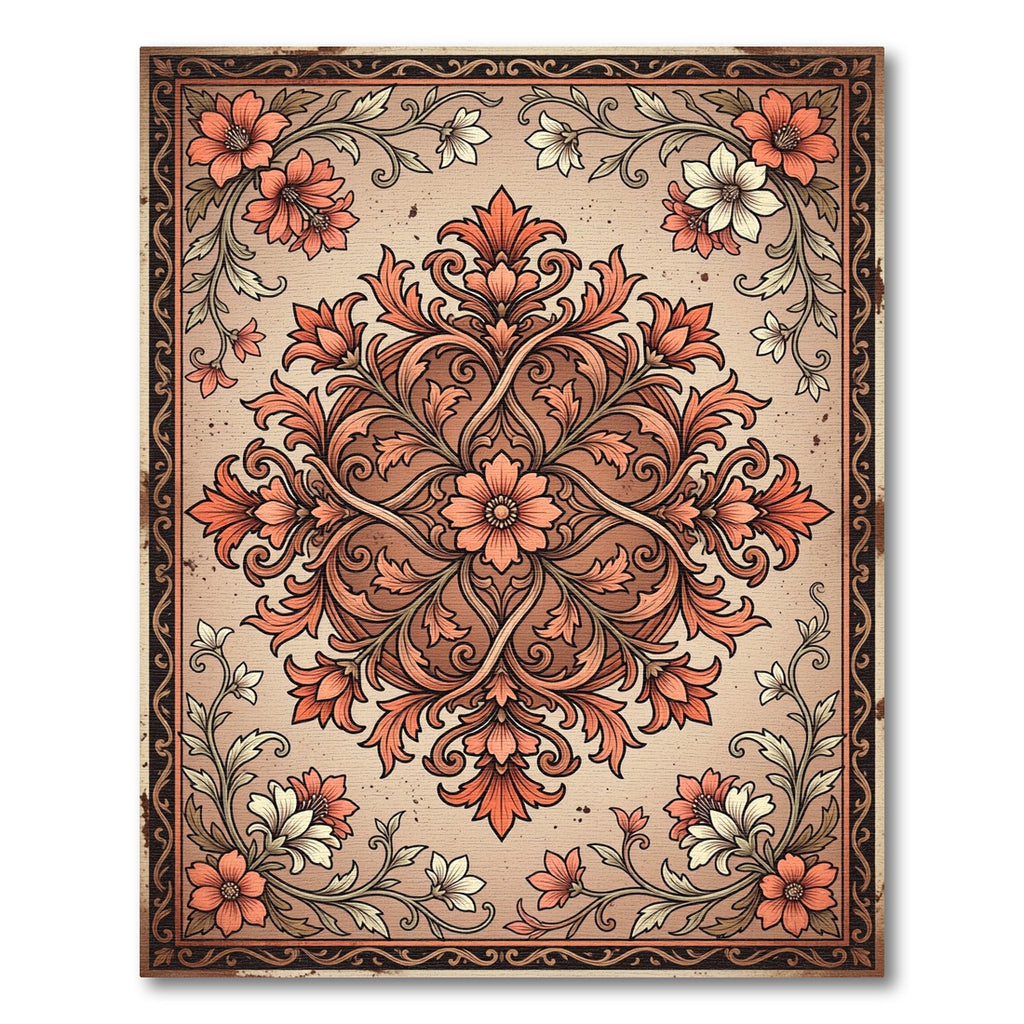 Coral Floral Medallion Scrollwork Rug