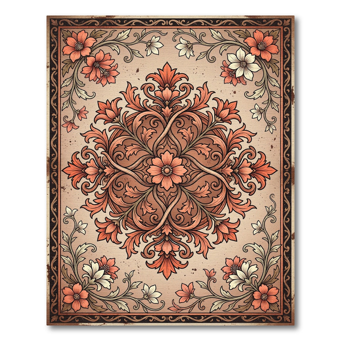 Coral Floral Medallion Scrollwork Rug