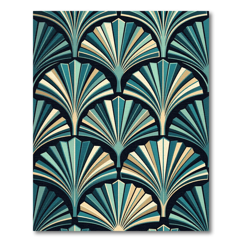 Art Deco Teal Tan Fan Pattern Rug
