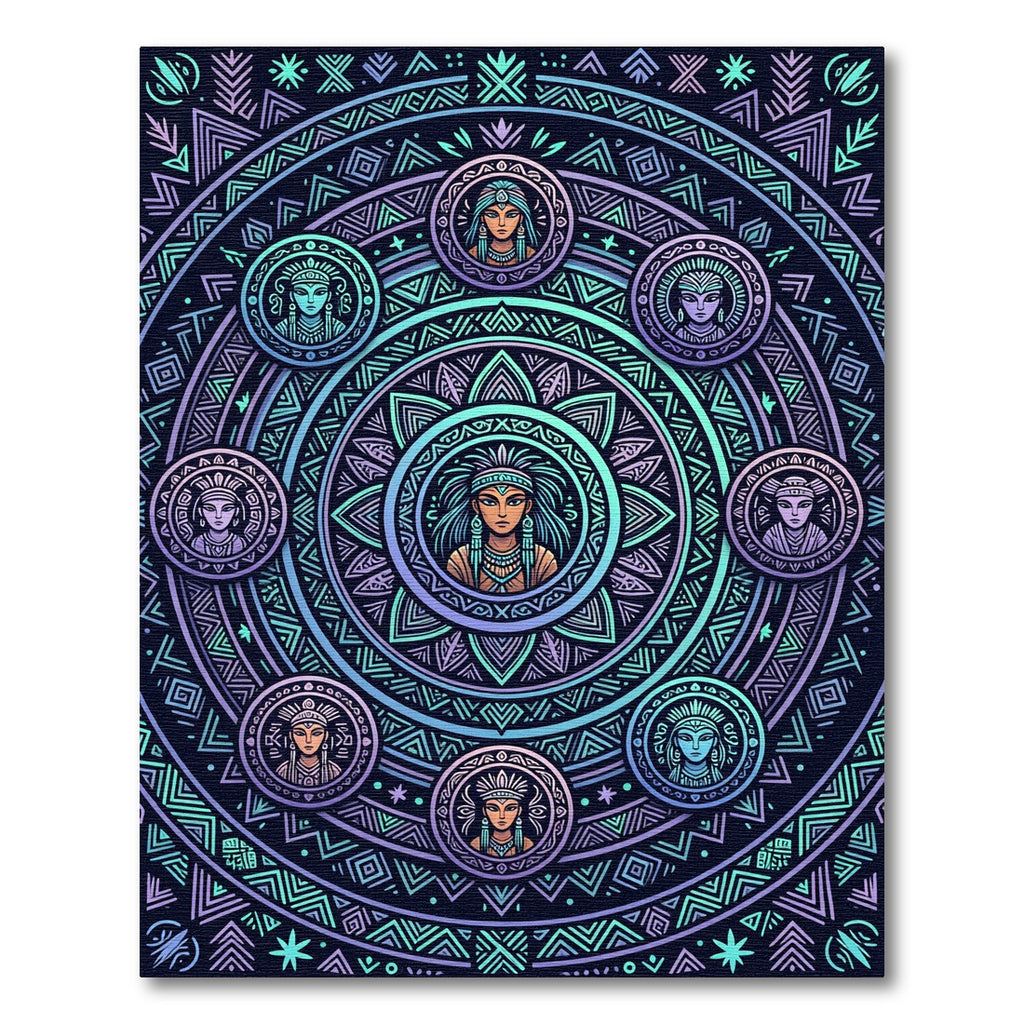 Neon Tribal Mandalas and Celestial Portraits Rug
