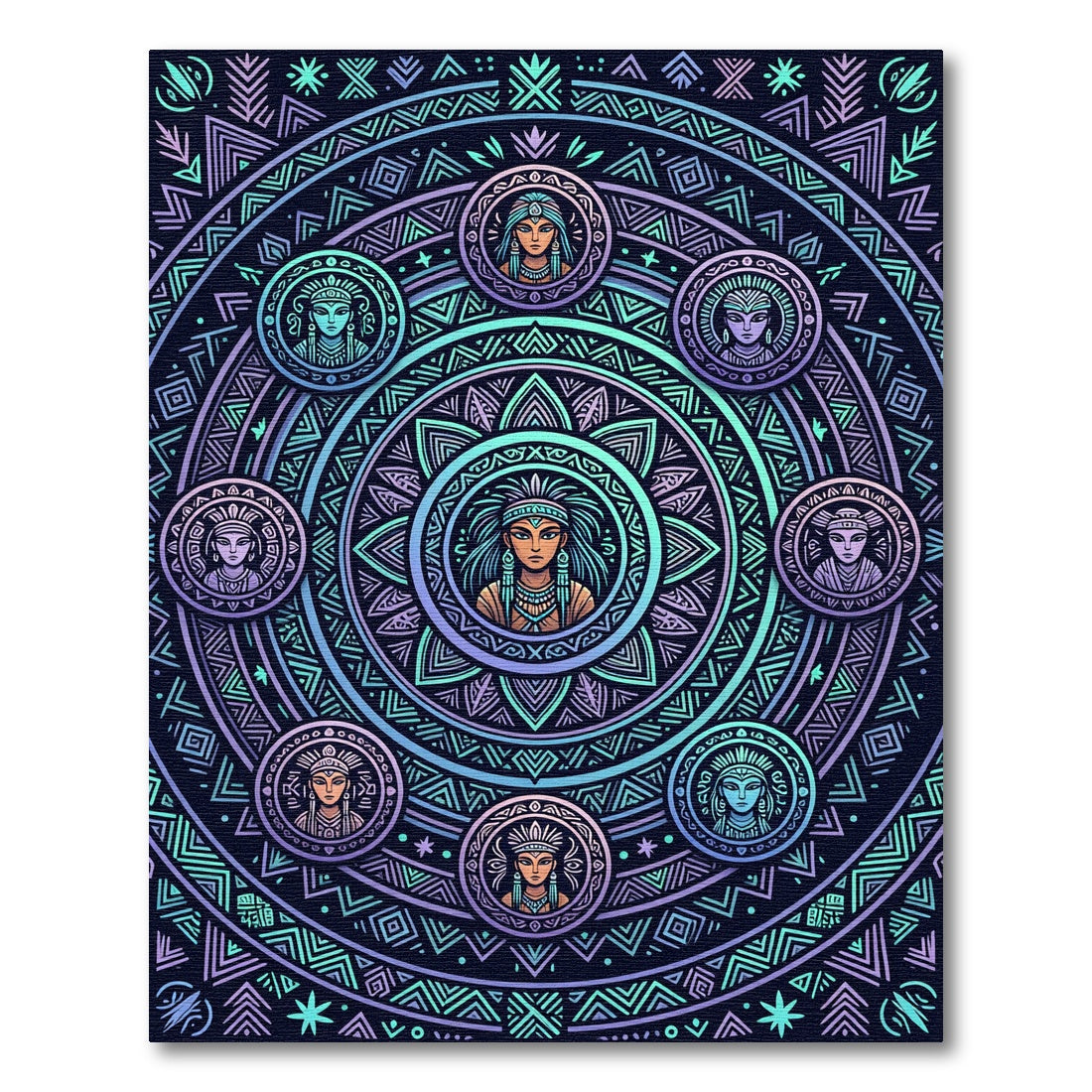 Neon Tribal Mandalas and Celestial Portraits Rug