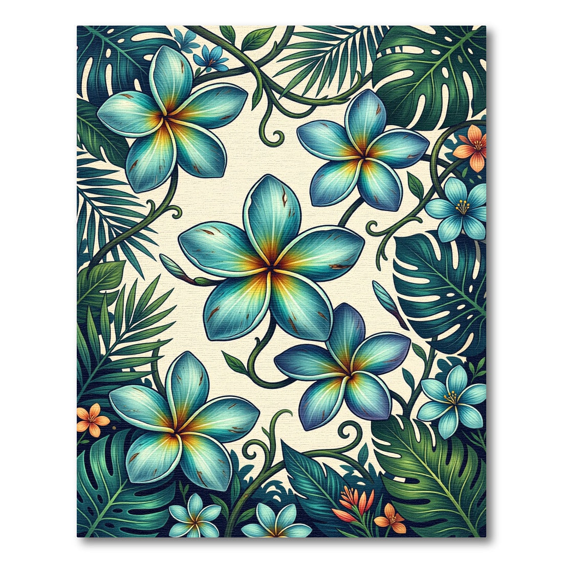 Vibrant Teal Plumeria Tropical Foliage Rug