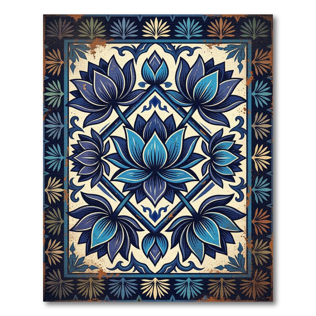 Deep Blue Lotus Mandala Rug