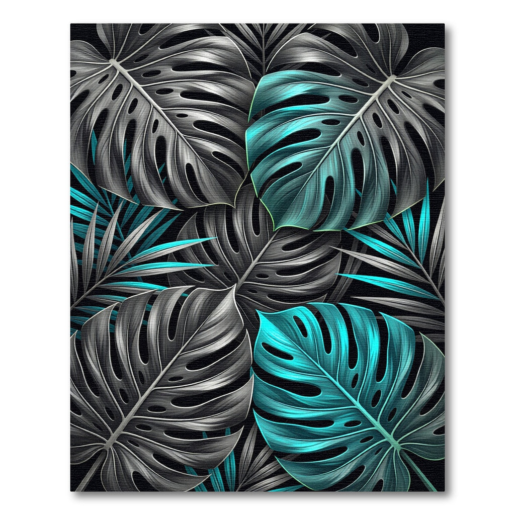 Teal and Charcoal Tropical Monstera Leaves Rug