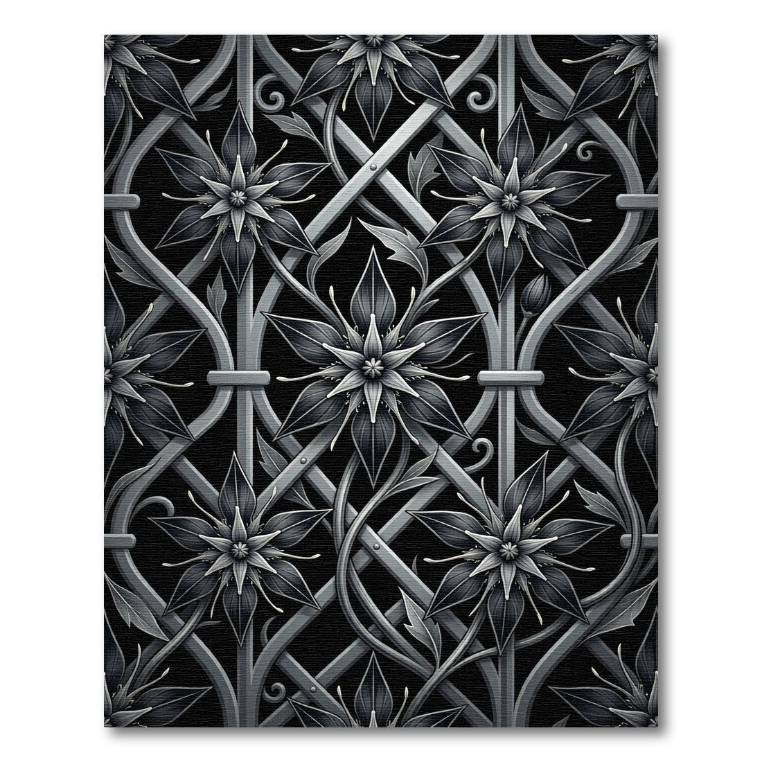Monochrome Metallic Floral Lattice Trellis Rug