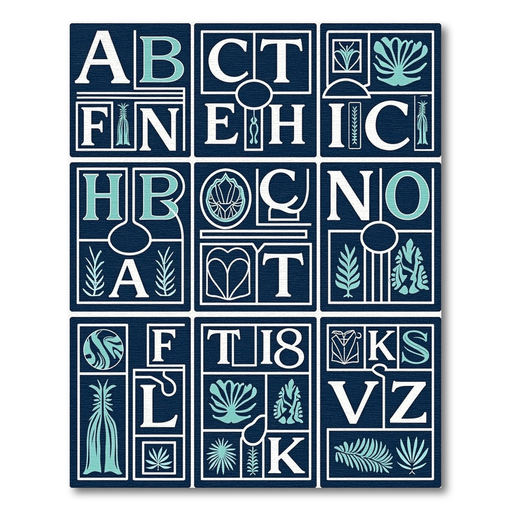 Navy Teal Botanical Letter Collage Rug