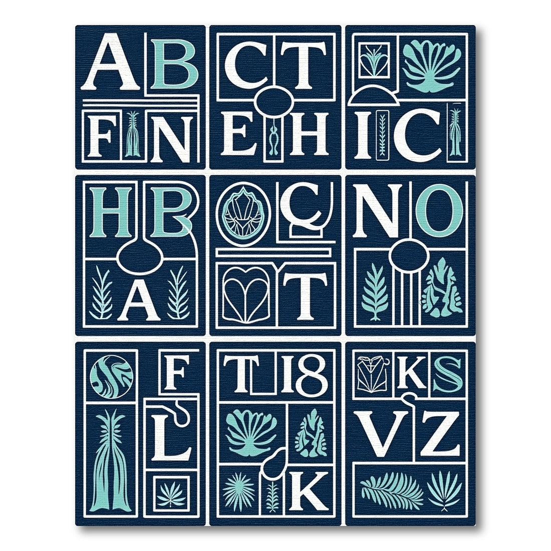 Navy Teal Botanical Letter Collage Rug