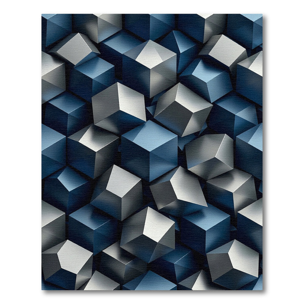 Modern Metallic Blue Geometric Cube Block Rug
