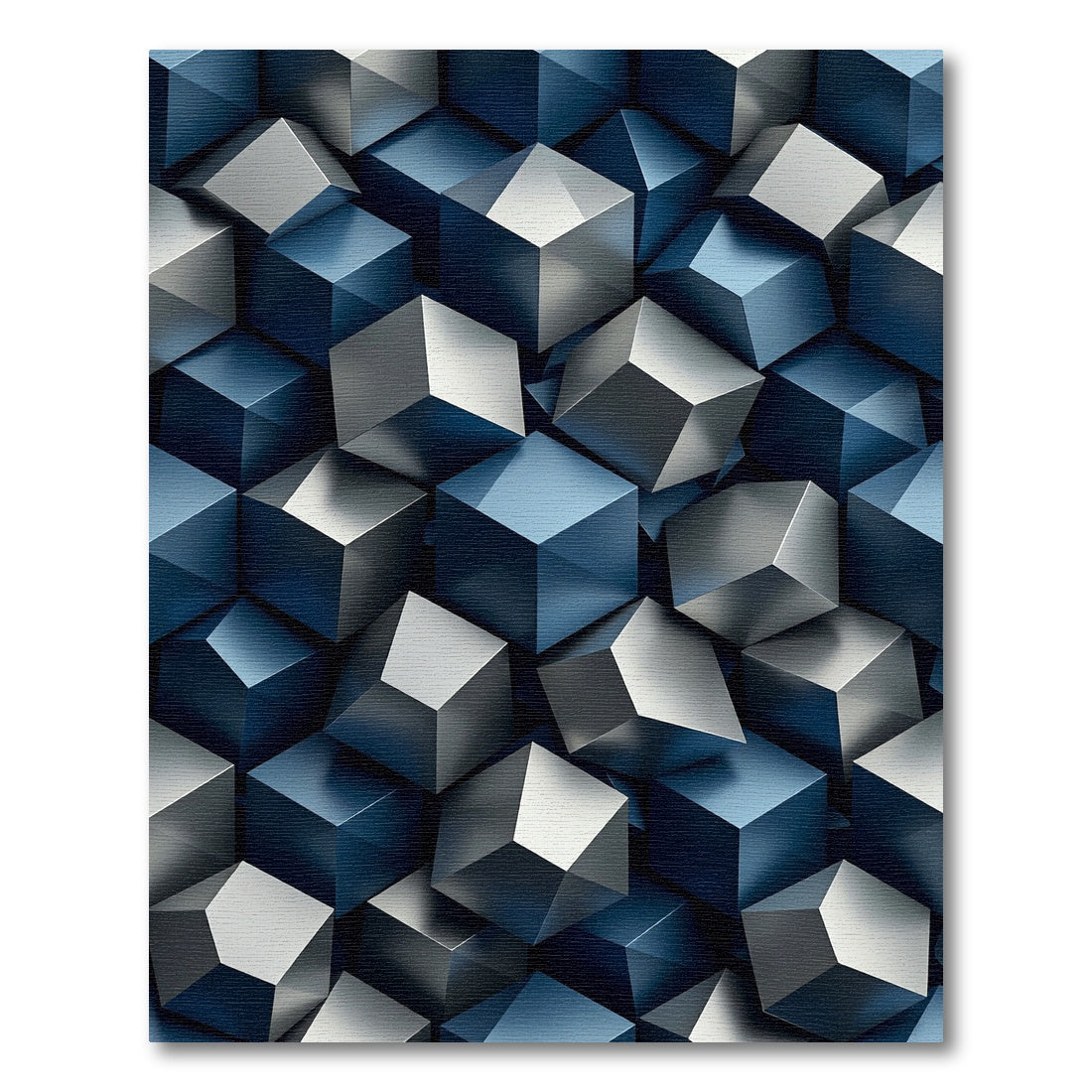 Modern Metallic Blue Geometric Cube Block Rug