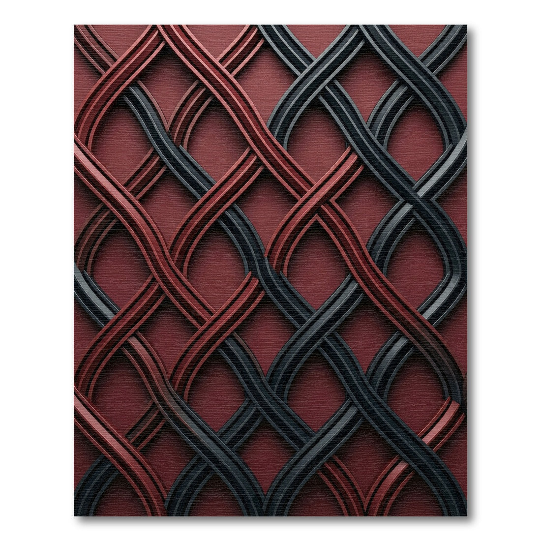 Interwoven Crimson and Charcoal Wave Lattice Rug