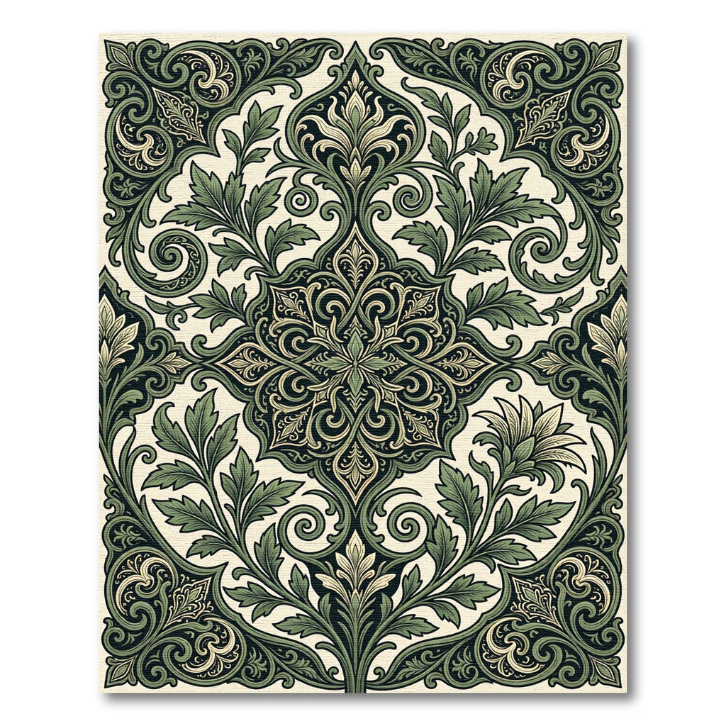 Deep Forest Green Ornate Foliage Medallion Rug