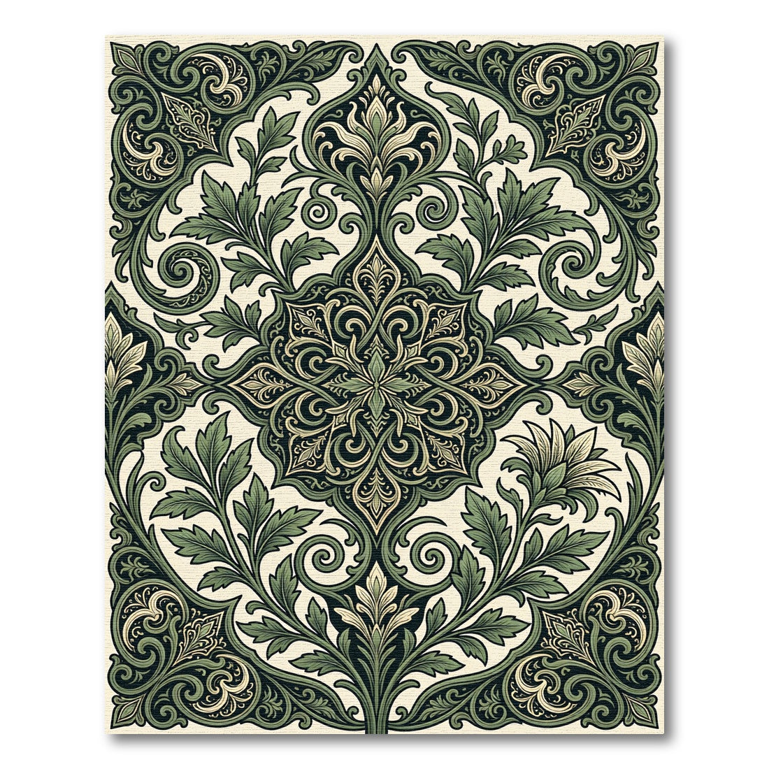Deep Forest Green Ornate Foliage Medallion Rug