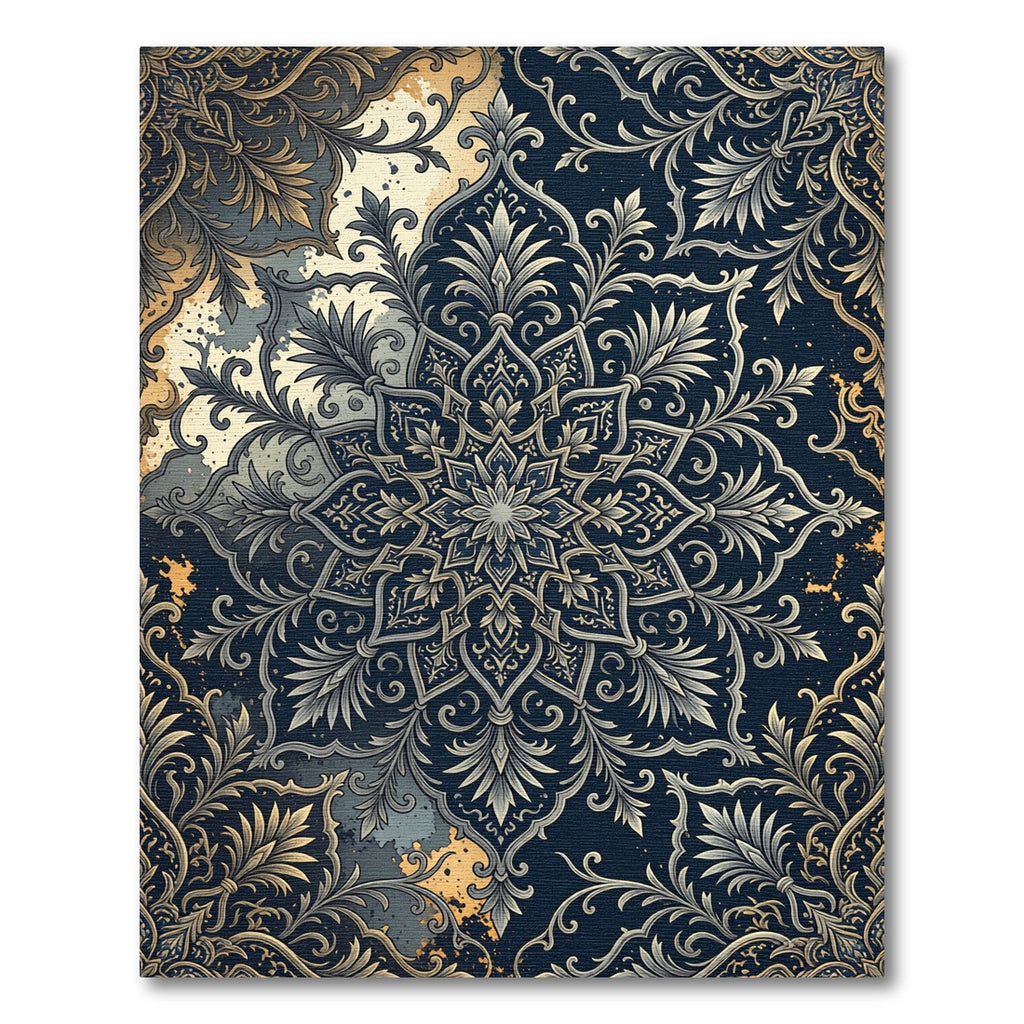 Elegant Navy Gold Ornate Floral Medallion Rug