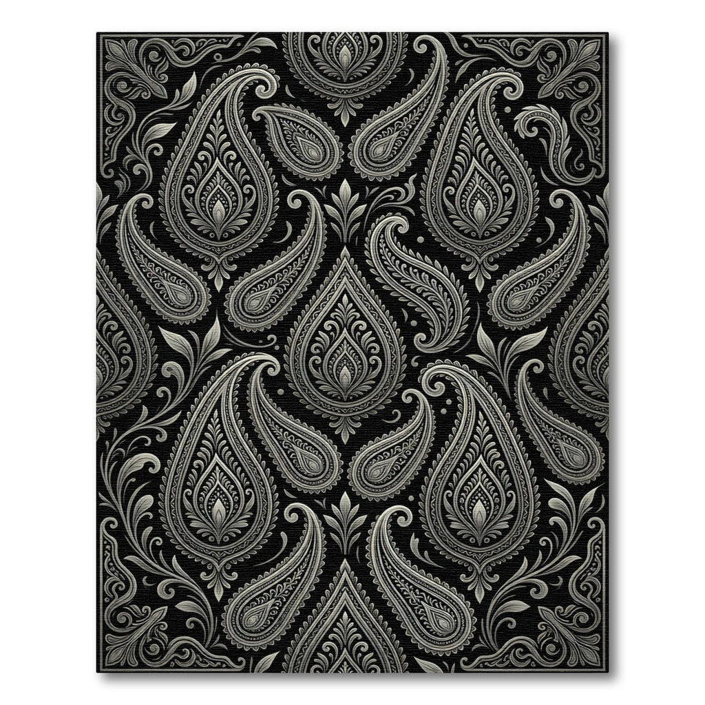 Elaborate Silver Paisley Black Background Rug