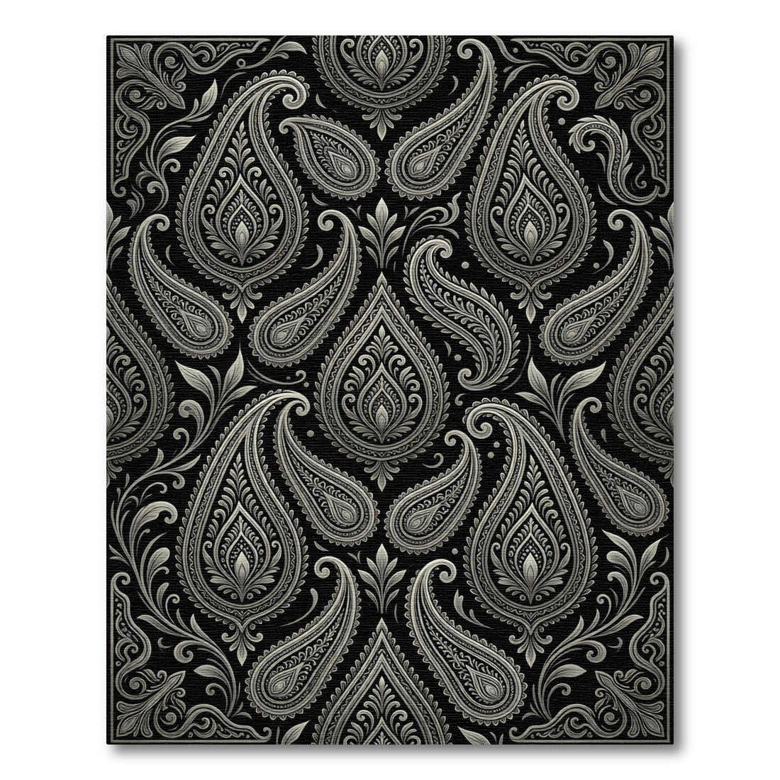 Elaborate Silver Paisley Black Background Rug