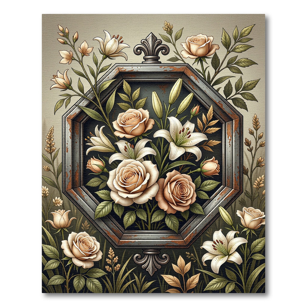 Vintage Floral Hexagon Rose Lily Frame Rug