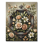 Vintage Floral Hexagon Rose Lily Frame Rug