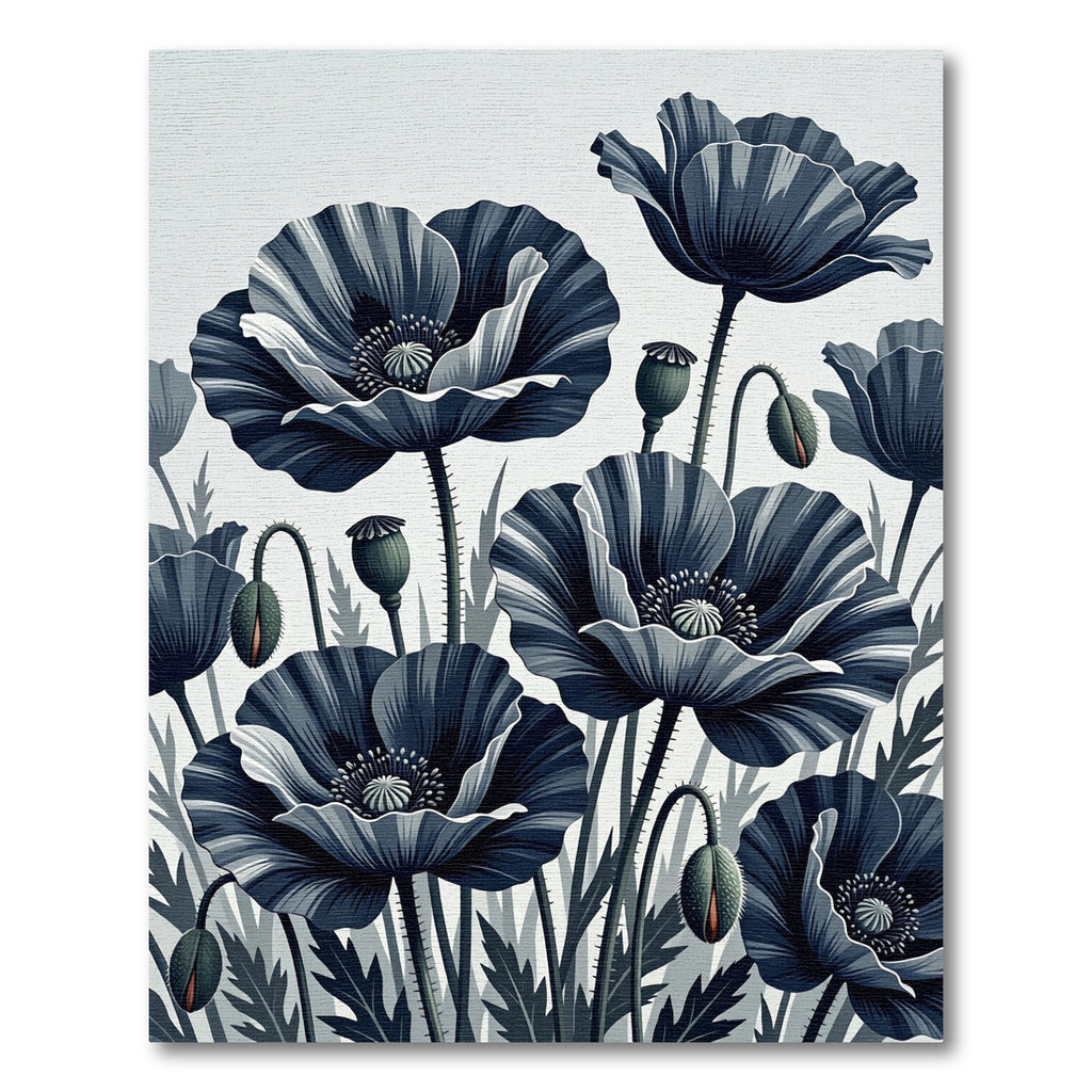 Monochrome Botanical Navy Poppy Illustration Rug