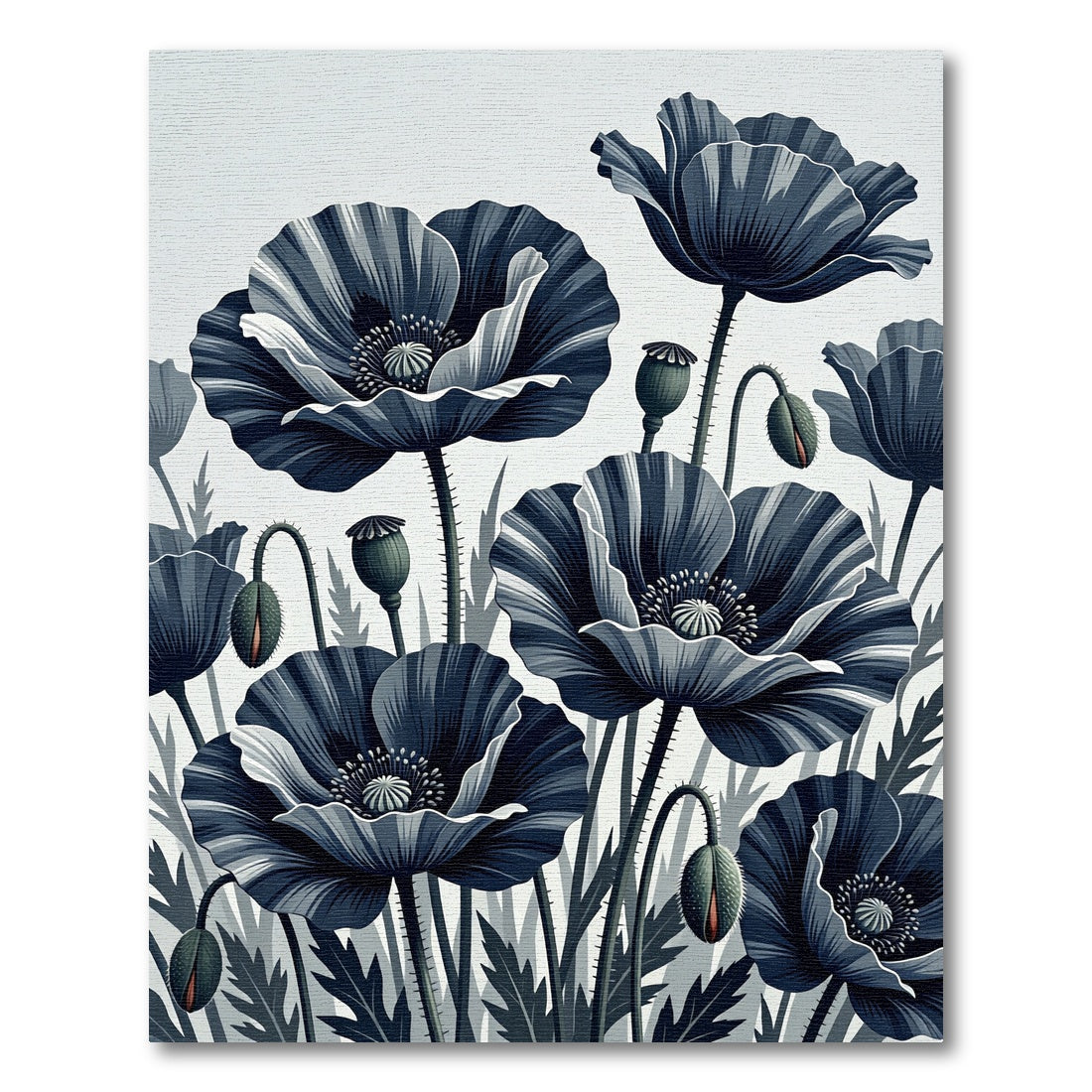 Monochrome Botanical Navy Poppy Illustration Rug