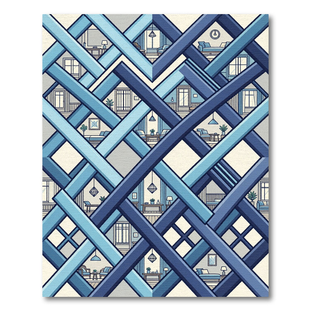 Geometric Blue Interlocking Lattice Link Rug