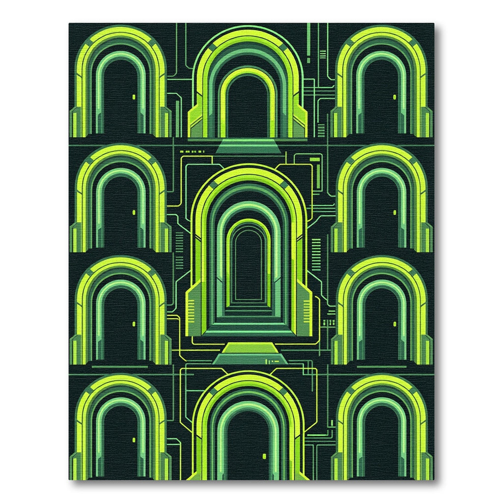 Neon Cybernetic Archway Geometric Grid Rug