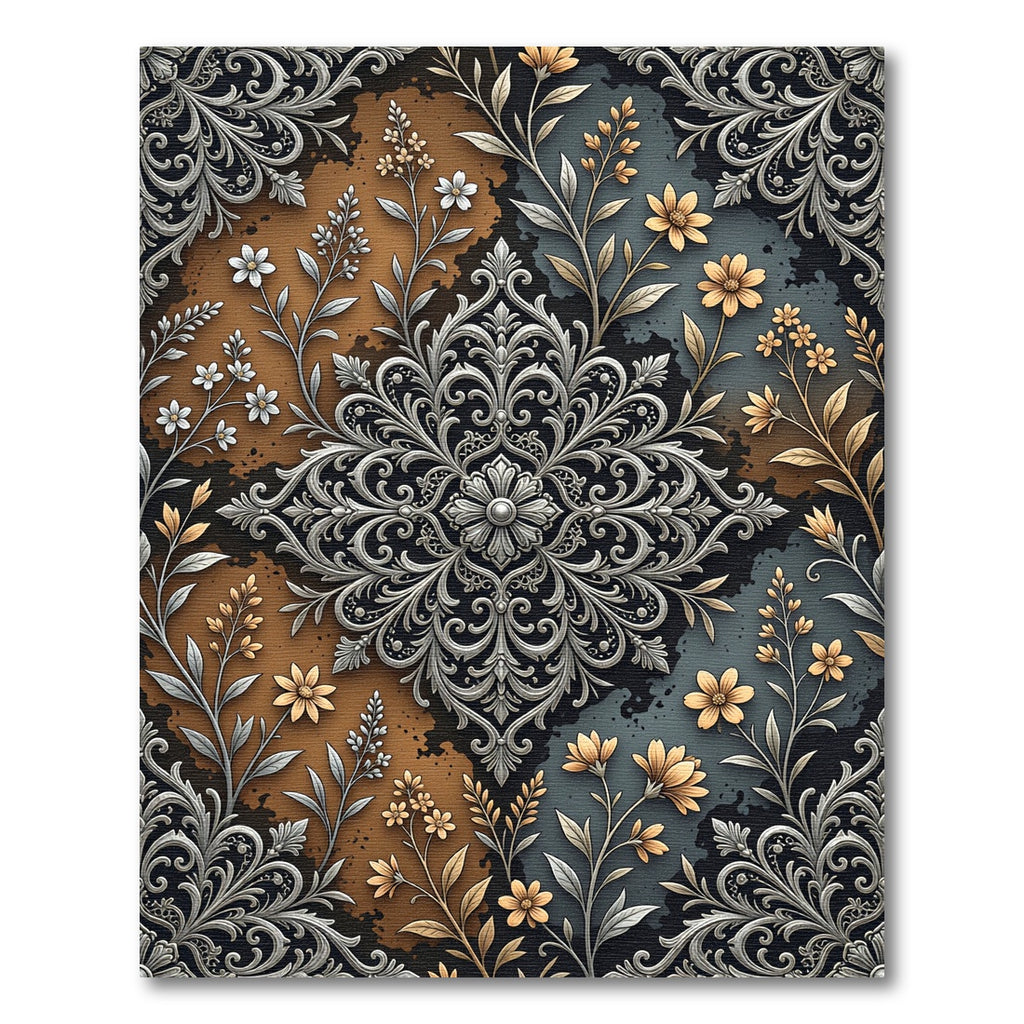 Ornate Silver Floral Medallion Ochre Gray Rug
