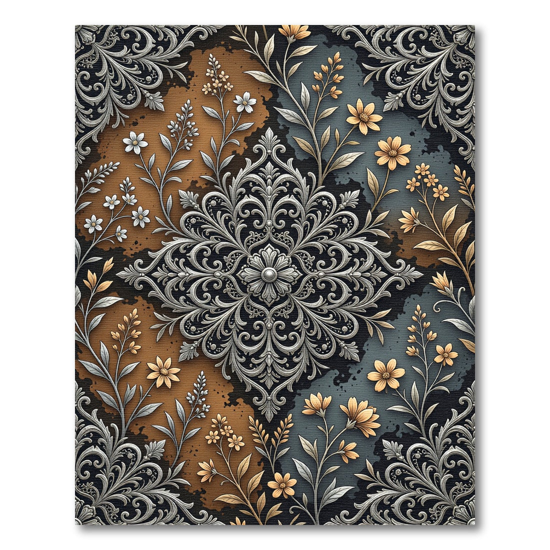 Ornate Silver Floral Medallion Ochre Gray Rug