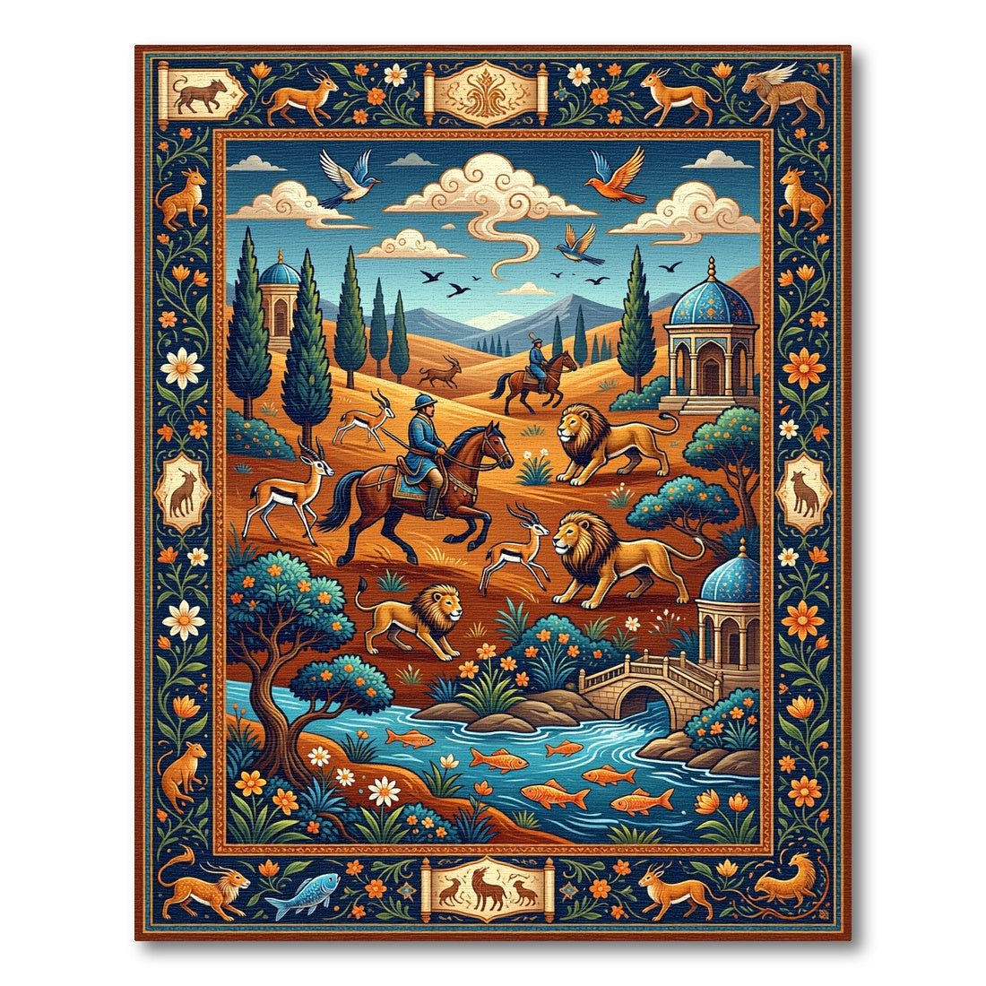 Hunting Scene With Lions And Deer Rug