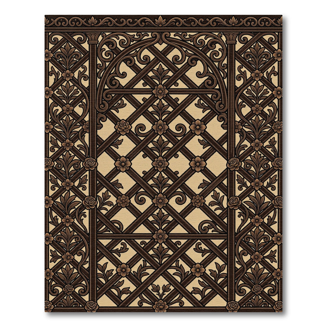 Rich Brown Floral Lattice Accents Rug