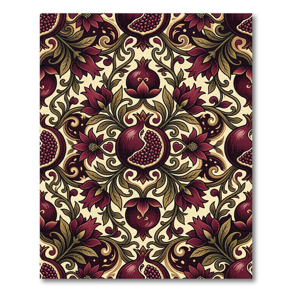 Rich Burgundy Pomegranate Floral Scroll Rug