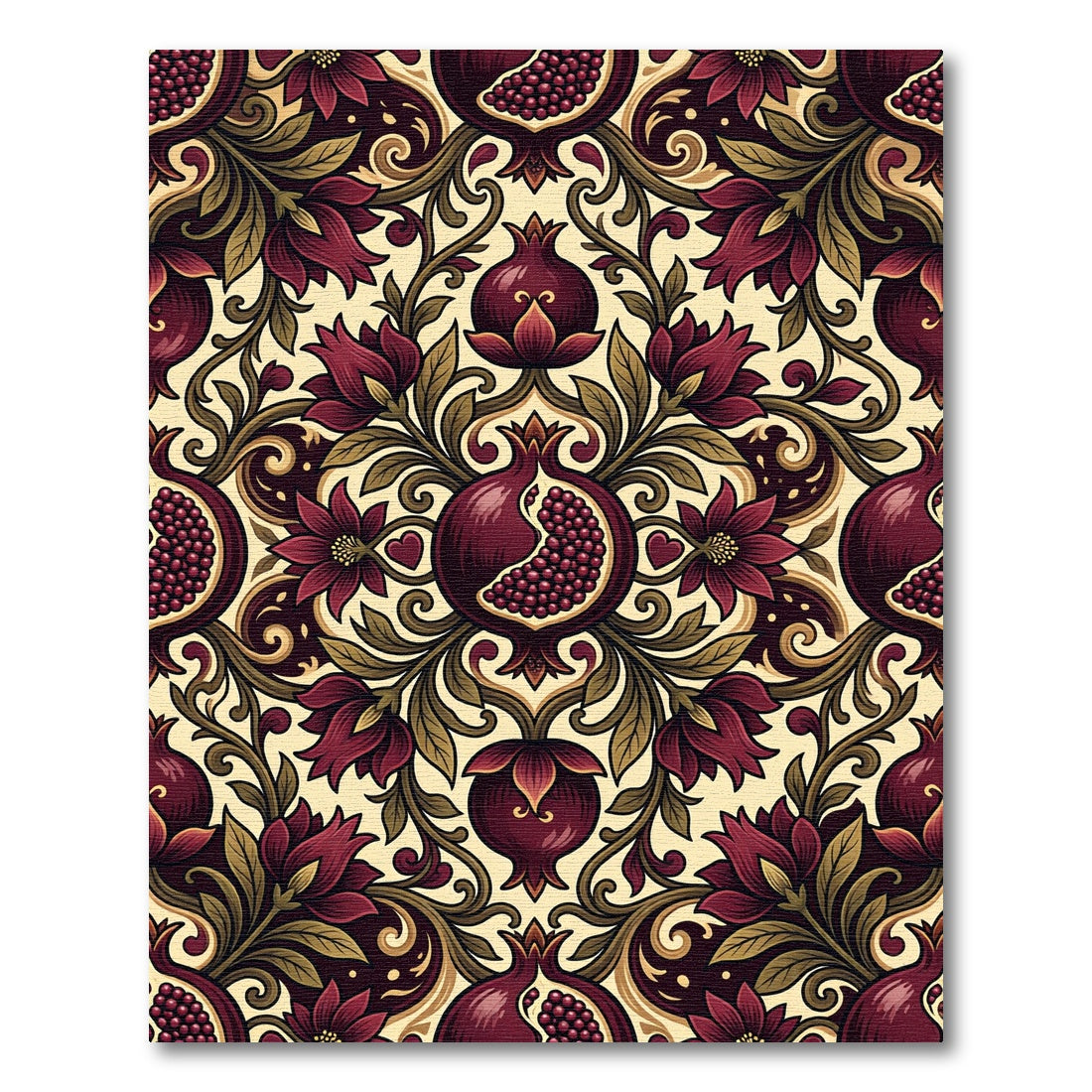 Rich Burgundy Pomegranate Floral Scroll Rug