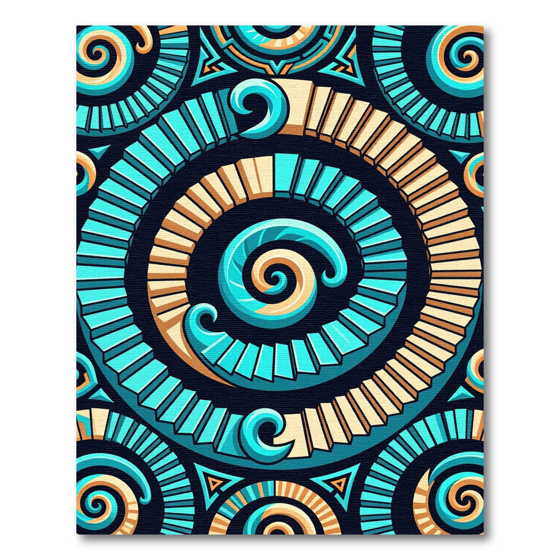 Cyan and Golden Swirling Geometric Spiral Rug