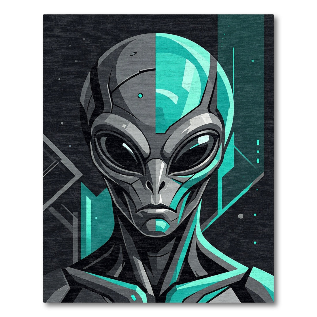 Futuristic Teal Gray Cyborg Alien Portrait Rug